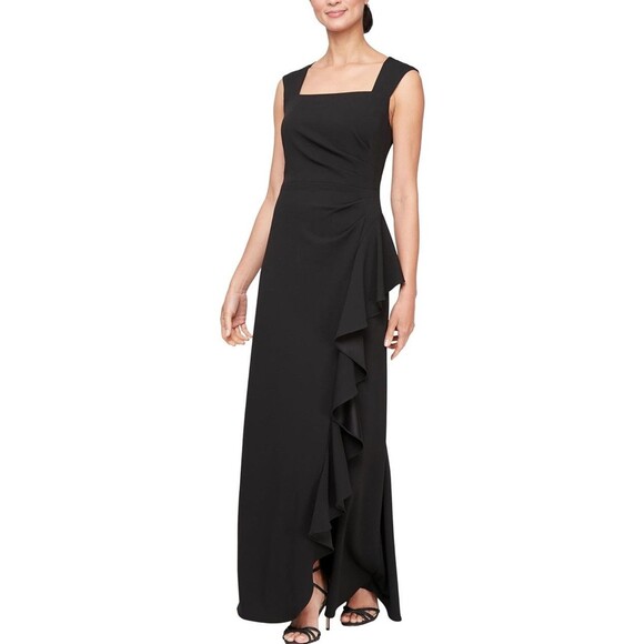 Alex Evenings Women's Long Cascade Ruffle Sleeveless Gown with Leg Slit, 14
